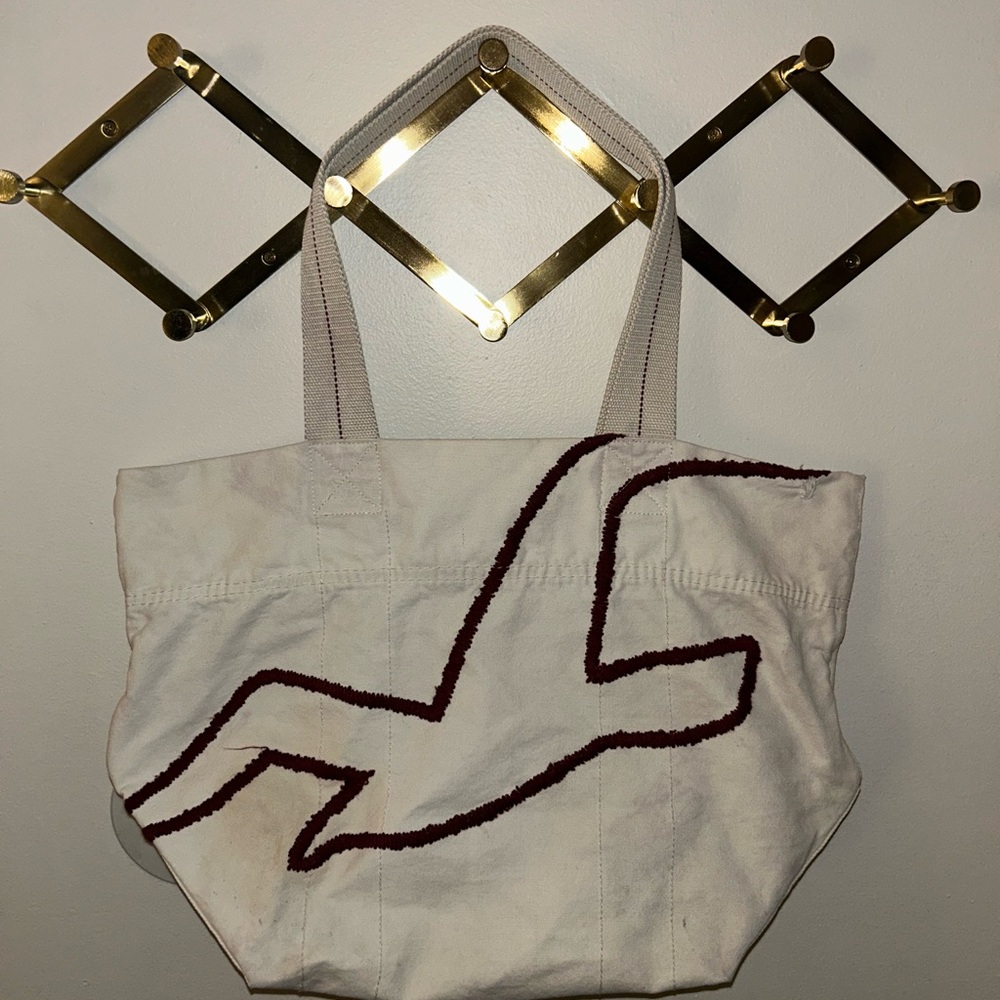Hollister Cream Canvas Tote with Burgundy Appliqué